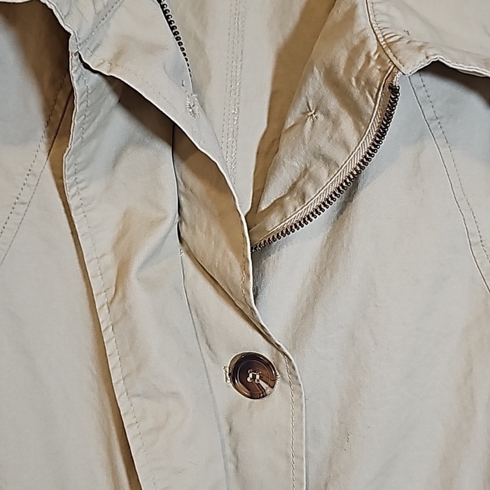 Love Tree Beige Cinched Trench Coat Jacket Zip Button Hood Pockets Cotton Size S - Picture 5 of 10